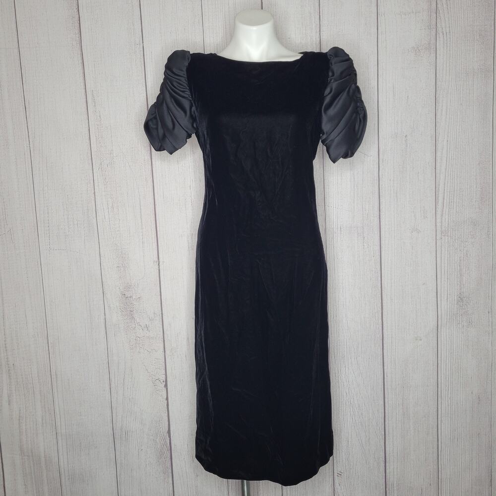 Vintage 80s Evenings Raul Blanco Black Velvet Dark Academia Midi Dress Womens 12